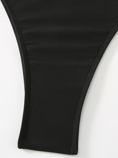 Plain Black Stretchy Elegant 3 Piece Set Swimsuits, Bandeau V String Bikini With Side Split Drawstring Mesh Cover Up Skirt, Women's Swimwear & Clothing Valentine's Day