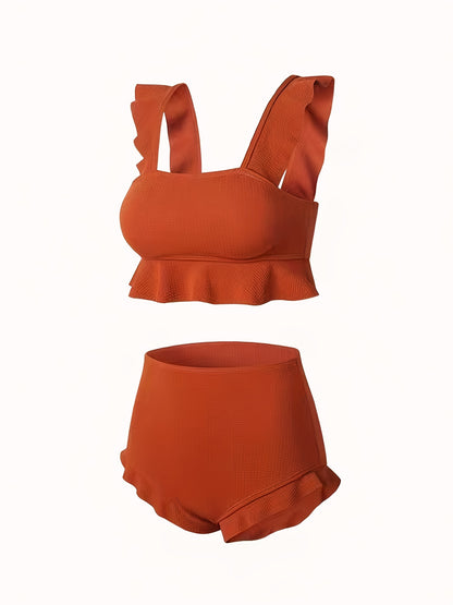 High Waist 2 Piece Ruffle Trim Black Stretchy Solid Color Bikini, Cute & Stylish Women's Swimwear & Clothing