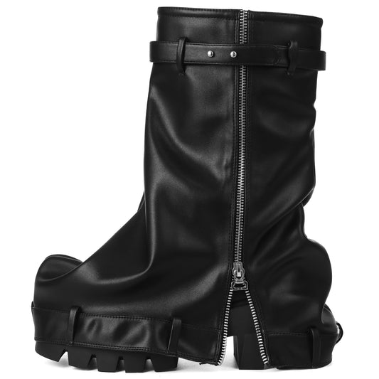 [Metallic Chunky High Heels] Metallic Chunky High Heels Mid-Calf Boots - Stylish Folding Women's Boots - Thick Sole Punk Gothic Motorcycle Shoes
