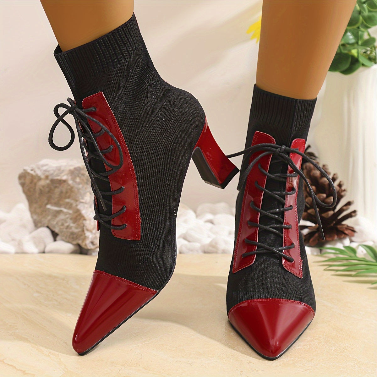 Black and Red Classic Combination Pointed Women's High Heels Short Boots Thick Heels with Adjustable Laces Comfortable Street Shoes Outdoor Boots