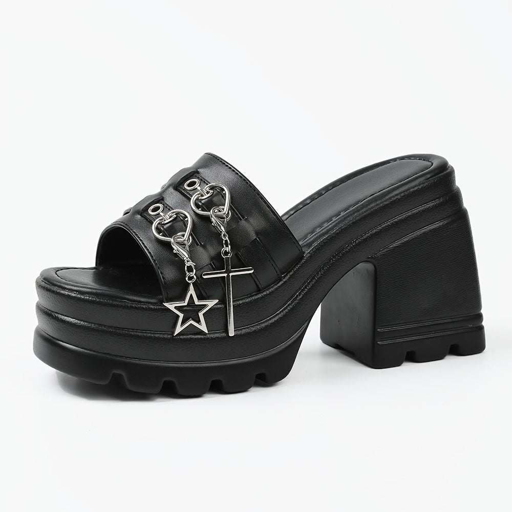 Summer Women's Gothic Sandals Black Punk Heart Decor Chunky High Heels Halloween Open Toe Fashion Y2k Mules Slides Shoes Women