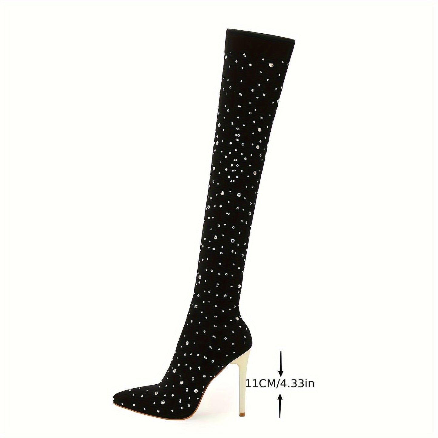 Women's Elastic Mesh Over-the-Knee Boots Elegant Rhinestone Decorated Pointed High-Top Thin Heels Party Fashion Tights Boots, Suitable for Dating, Dance, Nightclub, Valentine's Day