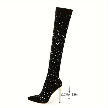 Women's Elastic Mesh Over-the-Knee Boots Elegant Rhinestone Decorated Pointed High-Top Thin Heels Party Fashion Tights Boots, Suitable for Dating, Dance, Nightclub, Valentine's Day