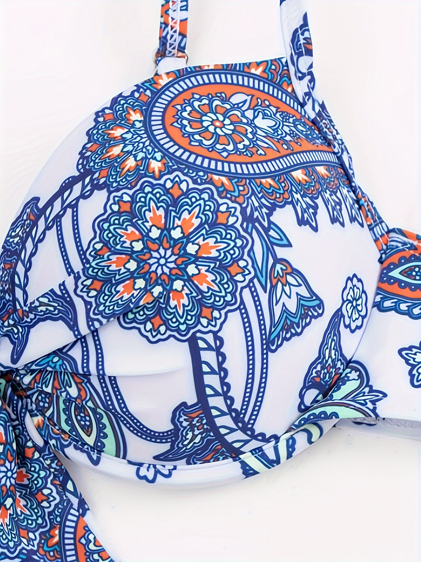 Blue Paisley Floral Print 2 Piece Set Bikini, Knot Front Spaghetti Strap Bow Tie Underwire Push Up Stretchy Swimsuits, Women's Swimwear & Clothing