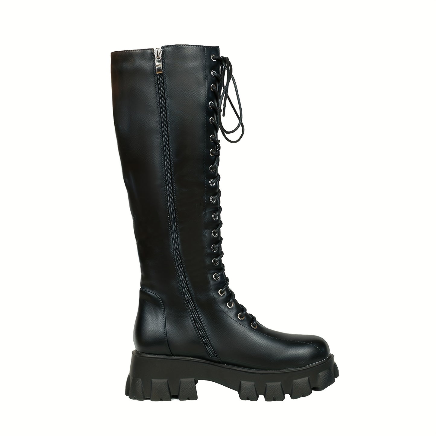 Women's Black Knee High Boots, Laces Up Eyelets Round Toe Long Boots, Sawtooth Sole Flat Heels Shoes