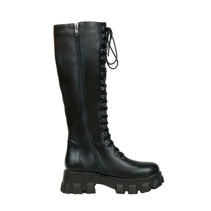 Women's Black Knee High Boots, Laces Up Eyelets Round Toe Long Boots, Sawtooth Sole Flat Heels Shoes