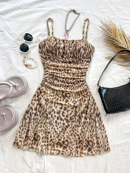 Sexy Leopard Print Mesh Suspender Dress for Women - Ruched Bodice, Sleeveless Summer Dress with Adjustable Thin Straps, Perfect for Casual or Stylish Outfits, Summer Fashion | Leopard Print Dress | Mesh Detailing, Cute Dresse