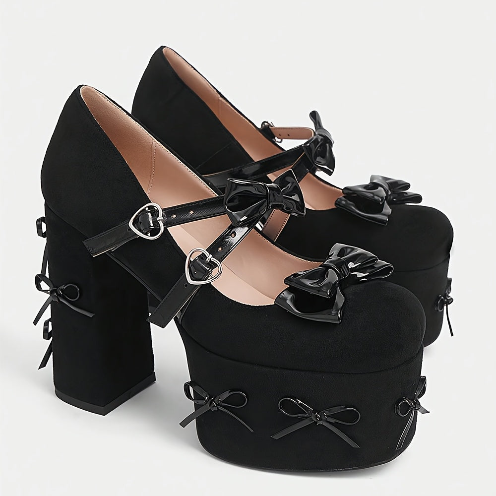 Stylish Black Cover High Heels with Decorative Bow Pendant – Comfortable Block Heel Pumps for Women, Perfect for Formal Occasions, Summer Vacations, and Gothic Style