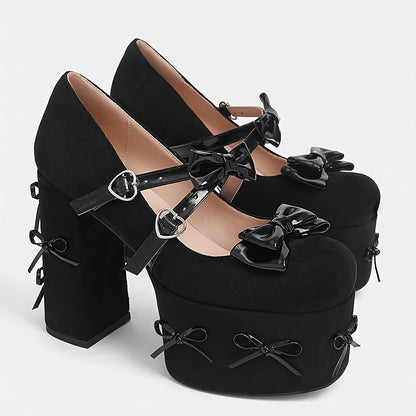 Stylish Black Cover High Heels with Decorative Bow Pendant – Comfortable Block Heel Pumps for Women, Perfect for Formal Occasions, Summer Vacations, and Gothic Style