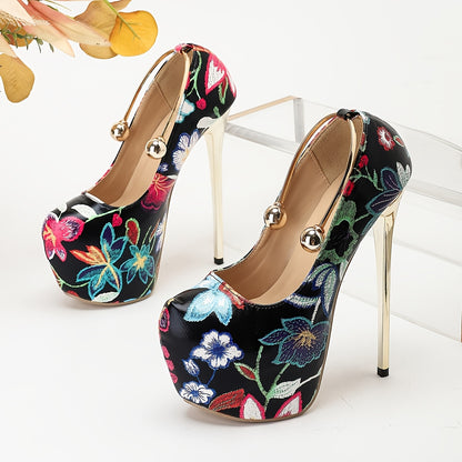 [1pc] Elegant Floral Print Stiletto Heels - Elegant Floral Print Mary-Jane Pumps with Metal Ankle Strap Detail, Lightweight, Round Toe Stiletto Heels, 17cm, with Sequin Embellishment, Rubber Sole - For Women - Suitable for Pa