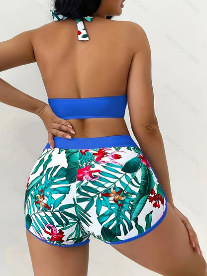 2 Piece Tropical Floral Print Halter V-Neck Bowknot Bikini Set - High Stretch, Quick Dry, Hand Washable, Comfortable Swimwear for Women with Random Floral Pattern and Contrast Trim Details - Polyamide Material, Knit Fabric, N