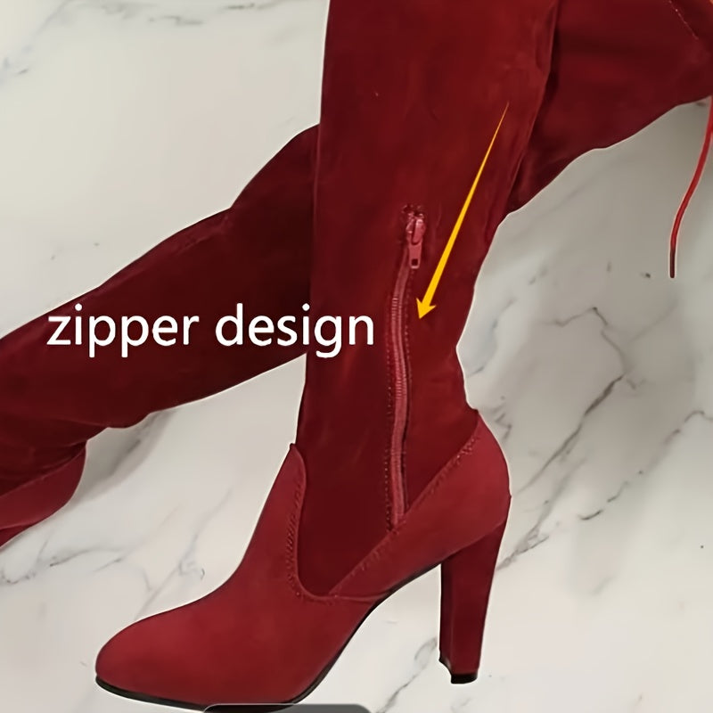 Women's Solid Colored Long Boots With Thick Heels And Side Zippers, Knee Boots, Winter Lace Round Toe Repair Boots
