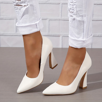 Women's Pointed Toe High Heels, Solid Color Slip On Chunky Flared Heels, Stylish Office Work Pumps