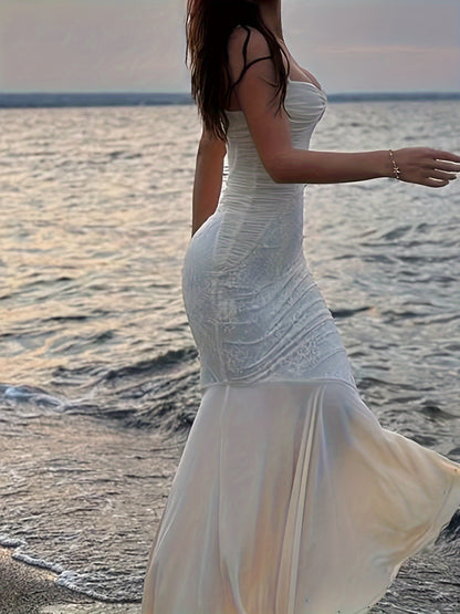 Fish Tail Suspender V-neck Sleeveless Lace Patchwork Chest Wrapped Spring And Summer Dress