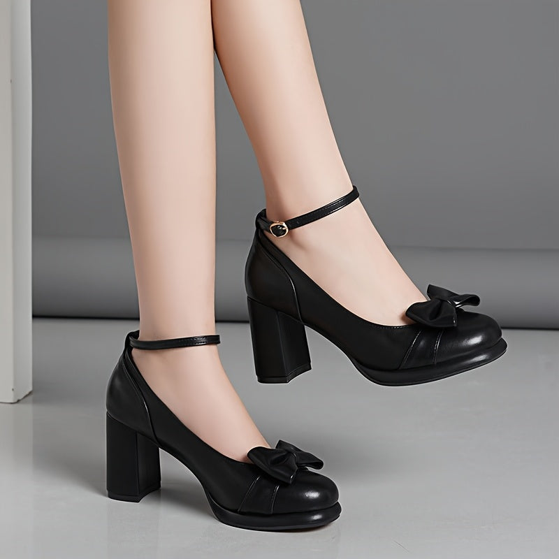 Women'S Black Round Toe High Heels with Bowknot - Sweet Platform Pumps, Chunky Heel, Synthetic Cover, All-Season Elegant Dress Shoes for Weddings & Formal Events, Ladies Shoe