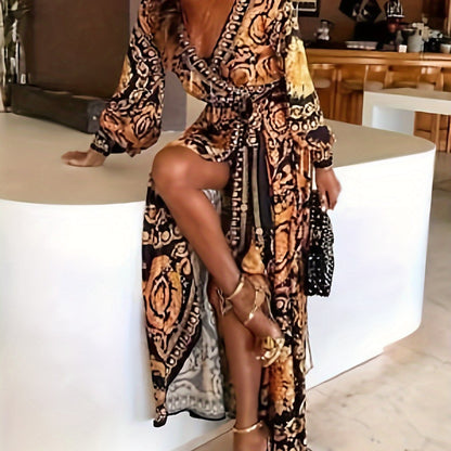 Women Bohemia Dress - Long Sleeve Deep V-Neck Outfit, High Split Waist Design Long Summer Dress for Beach, Vacation -  Lightweight & Flowy Fabric - Perfect for Summer Vacations & Beach Trips - Ideal Gift for Women