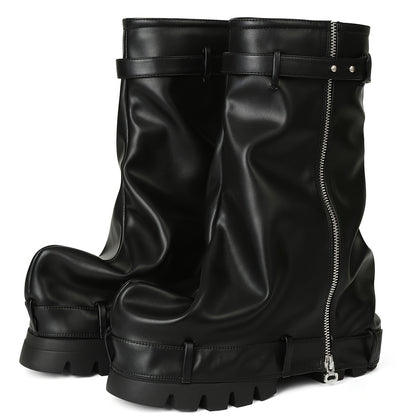 [Metallic Chunky High Heels] Metallic Chunky High Heels Mid-Calf Boots - Stylish Folding Women's Boots - Thick Sole Punk Gothic Motorcycle Shoes