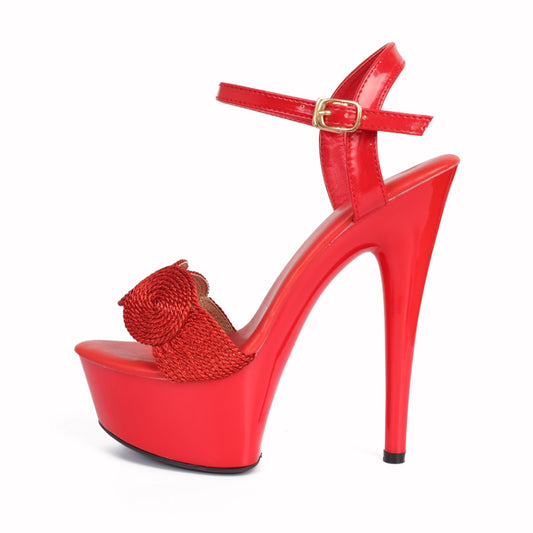 Elegant Women's Red Platform Sandals with Floral Embellishment - Sexy Open Toe, High Stiletto Heels, Waterproof, Faux Cover Ankle Strap - Perfect for Catwalk & Parties, Ladies Sandals
