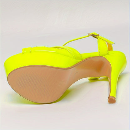 1 Pair Women'S Solid Color Platform Sandals, Round Toe Stiletto Heels with Buckle Closure, PU Upper/Inner/Sole, Non-Slip Rubber Sole, Fashionable Summer High Heels