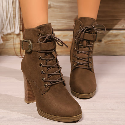 Tribal Style Women's Mid-Calf Boots with Block Heels - Casual Solid High Heel Lace-Up Booties with Side Zip Closure, Fabric Upper and Inner, TPR Sole - Dry Clean Only, Middle East Collection