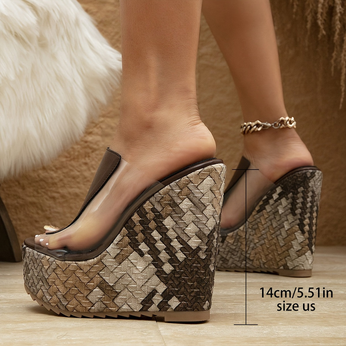 Elegant Women's Brown Transparent Wedge Shoes - Fashionable Slip-On Platform Heels for Parties & Casual Wear, Durable PVC Material, Wraparound High Heel Shoes