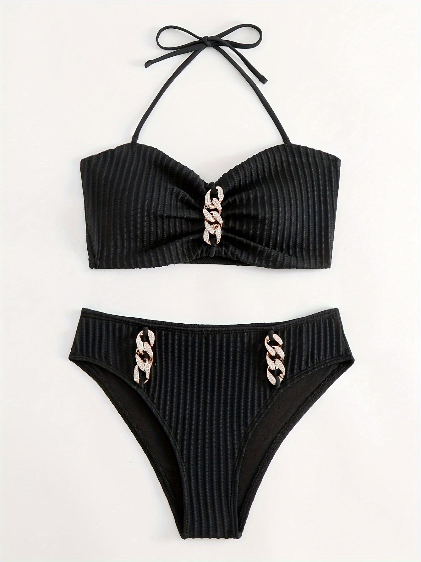 Rhinestone Chain Decor Texture Fabric 2 Piece Set Bikini, Halter Tie Neck High Waist White Swimsuits - Women's Swimwear & Clothing - For Carnival & Music Festival - For Women - Perfect for Summer Beach Vacation