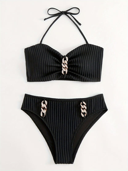 Rhinestone Chain Decor Texture Fabric 2 Piece Set Bikini, Halter Tie Neck High Waist White Swimsuits - Women's Swimwear & Clothing - For Carnival & Music Festival - For Women - Perfect for Summer Beach Vacation