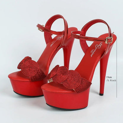 Elegant Women's Red Platform Sandals with Floral Embellishment - Sexy Open Toe, High Stiletto Heels, Waterproof, Faux Cover Ankle Strap - Perfect for Catwalk & Parties, Ladies Sandals