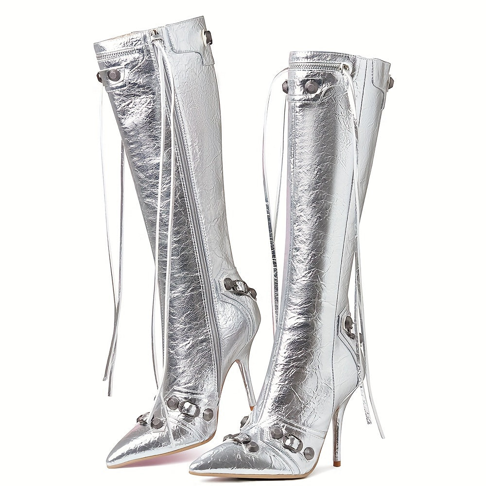 Punk Gothic Women Motorcycle Boots Pointed Toe Knee High Rivets Tassels Stilettos High Heels Sexy Party Nightclub Shoes Woman