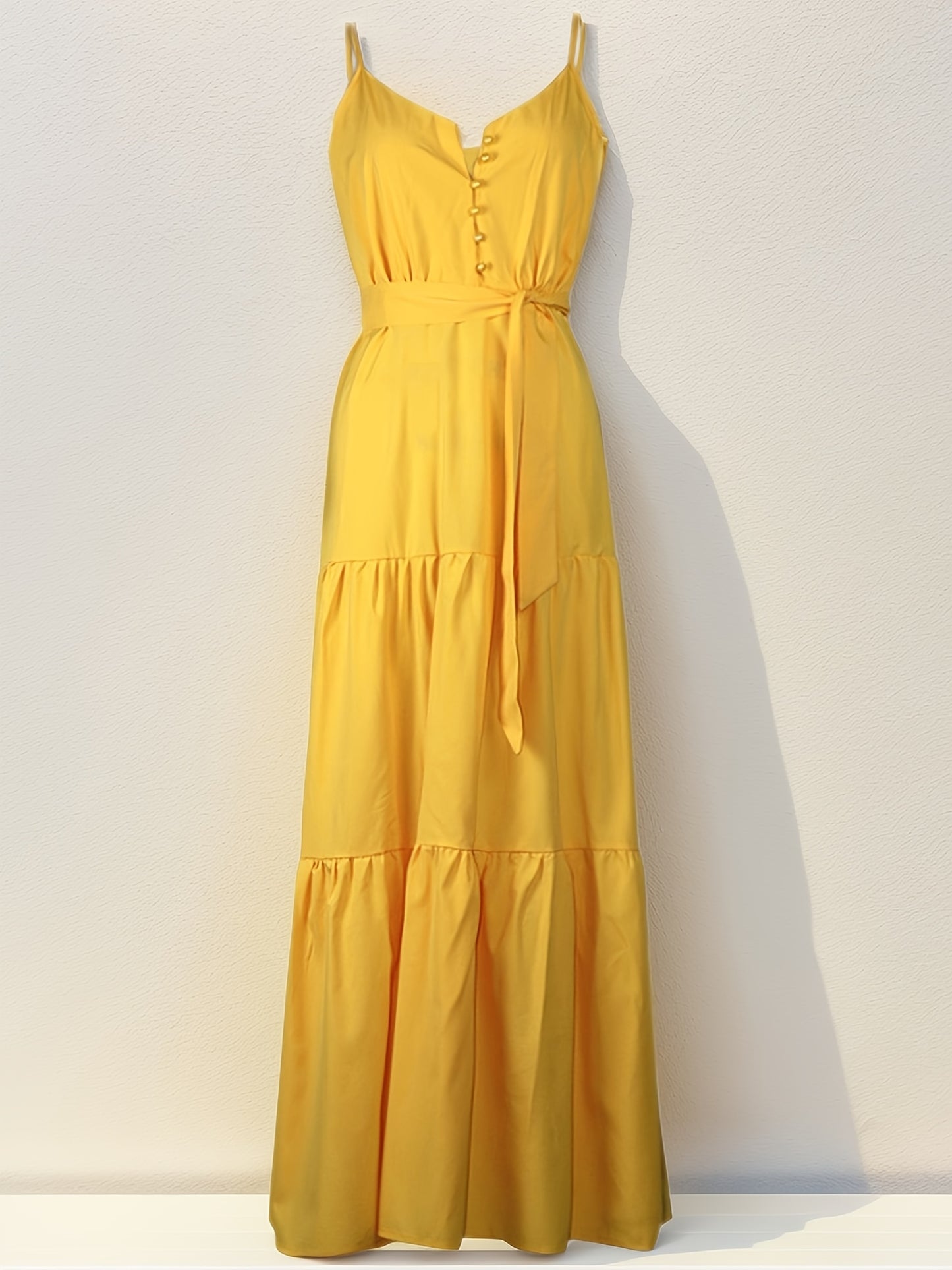 Women's Summer Dress - Solid Color, Buttoned Waist, Layered Suspender Design for Casual Wear