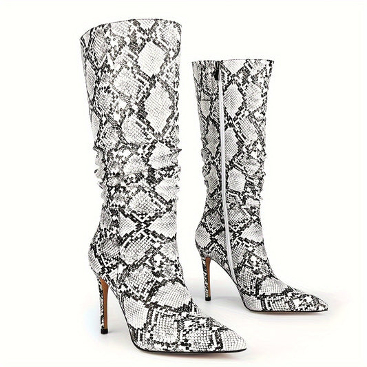 Women's Snakeskin Knee High Boots: Exquisite Pointed Toe, Fine High Heels, Pleated Design