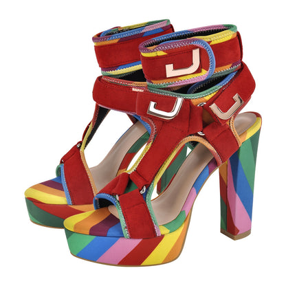 Chic Rainbow Platform High Heels for Women - Open Toe, Ankle Strap Wedge Sandals with Hook-and-loop Fastener Closure, Comfortable & Stylish for Prom, Weddings, and Summer Parties