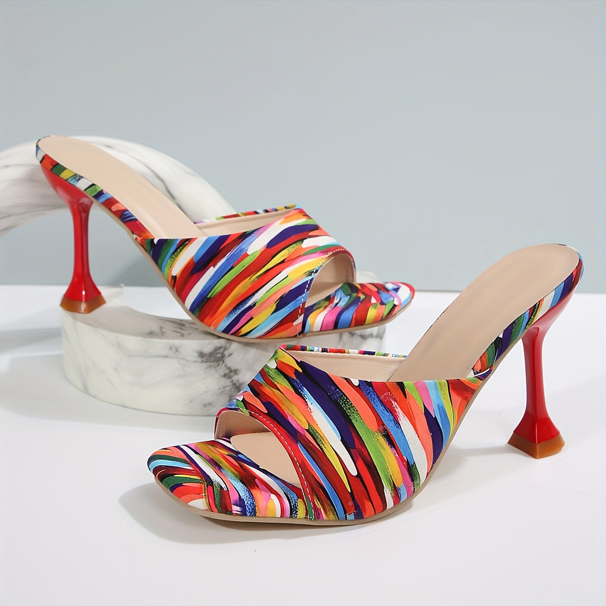 [Durable Build] Women's Square Toe Stiletto Sandals - Zebra Print & Multicolor Pattern, Open Toe High Heels with Faux Cover Inner Lining and Rubber Sole, Elegant Slip-On Dress Shoes for Parties and Events, Summer Shoes | Squa