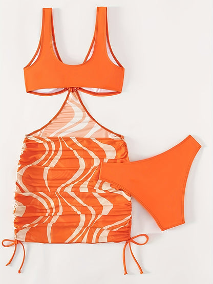 2-Piece Wavy Striped Print Tankini Swimsuit Set - High Stretch, V Neck, Strapless, Hollow Out, Polyamide Fabric, Random Print, Knit Fabric - Womens Swimwear for Swimming