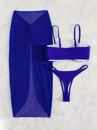 Solid Color 3 Piece Set Bikini, U-Wire High Cut With Cover Up Skirt Swimsuits - Polyester - For Women - Perfect for Beach Vacations & Pool Parties - Ideal Gift for Summer