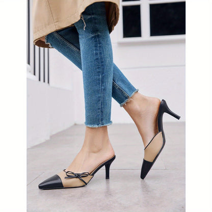 Women'S Two Color Bow Tie Mueller Shallow Dating Shoes Heels Closed Pointed Toe Slip On Backless Wedding Dress Shoes