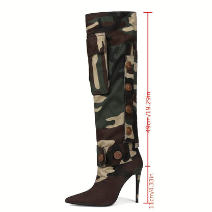Women Tried Knee-high Boots Pointed High Heels Asymmetrical Camouflage Willow Nails Fashion Locomotive Sexy Banquet Stilettos Mandarin Duck Shoes