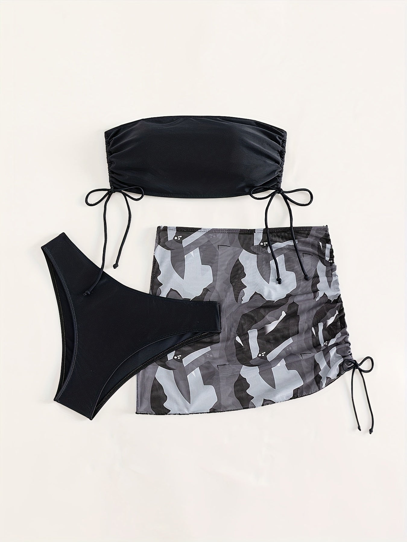 Black Solid Color Bikini Three-Piece Set with a Drawstring Sheer Skirt for Women