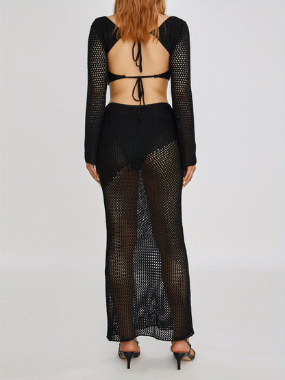 2pcs set of Women's Y2K hollow knitted skirt set, long sleeved square neck crop top+long skirt Women's beach wear 2pcs set