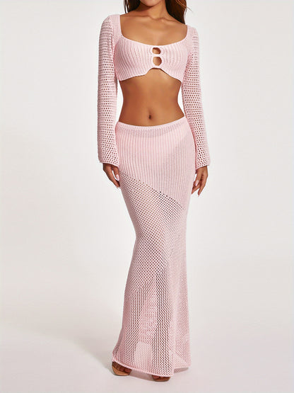 2pcs set of Women's Y2K hollow knitted skirt set, long sleeved square neck crop top+long skirt Women's beach wear 2pcs set