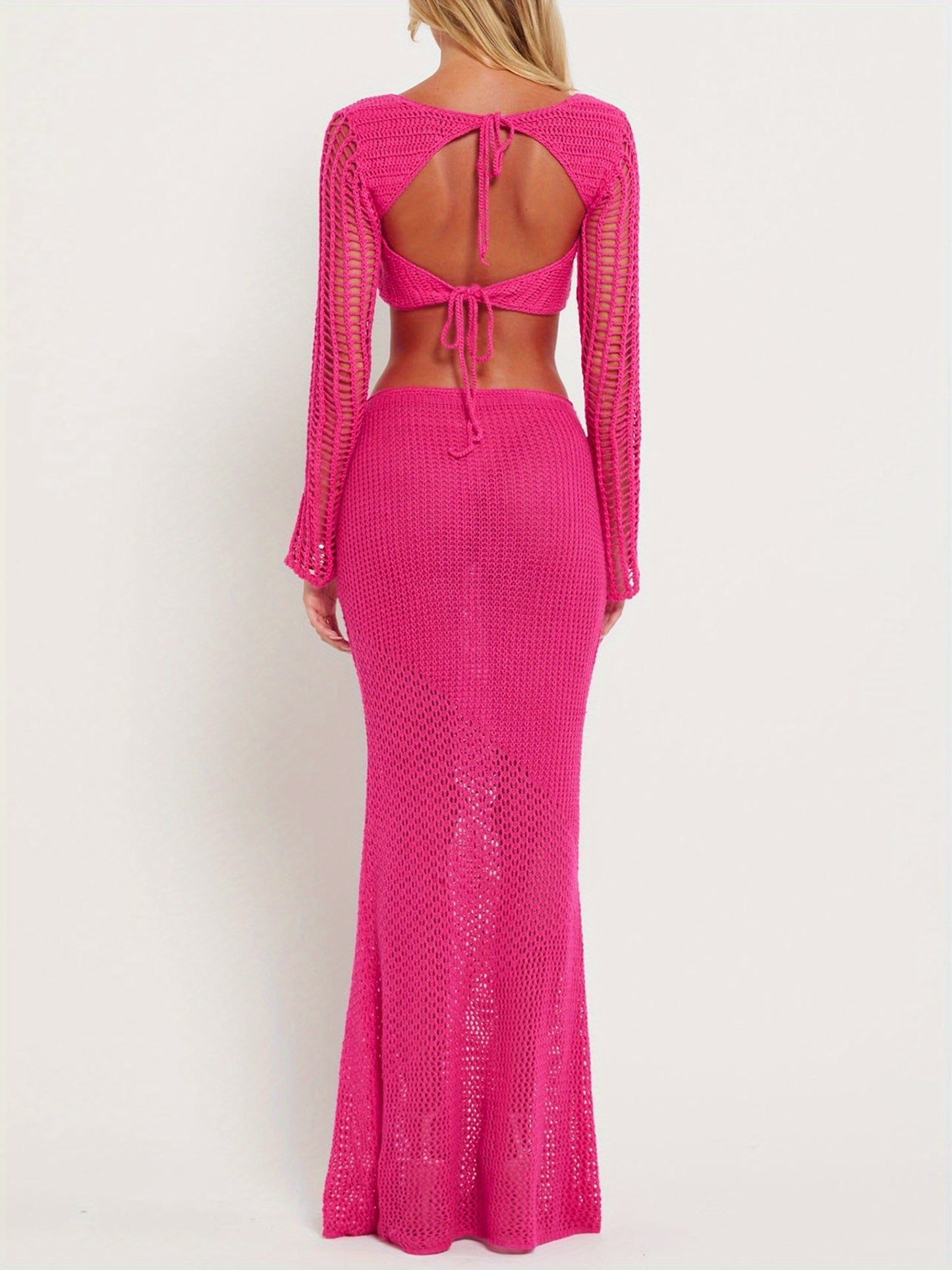 2pcs set of Women's Y2K hollow knitted skirt set, long sleeved square neck crop top+long skirt Women's beach wear 2pcs set