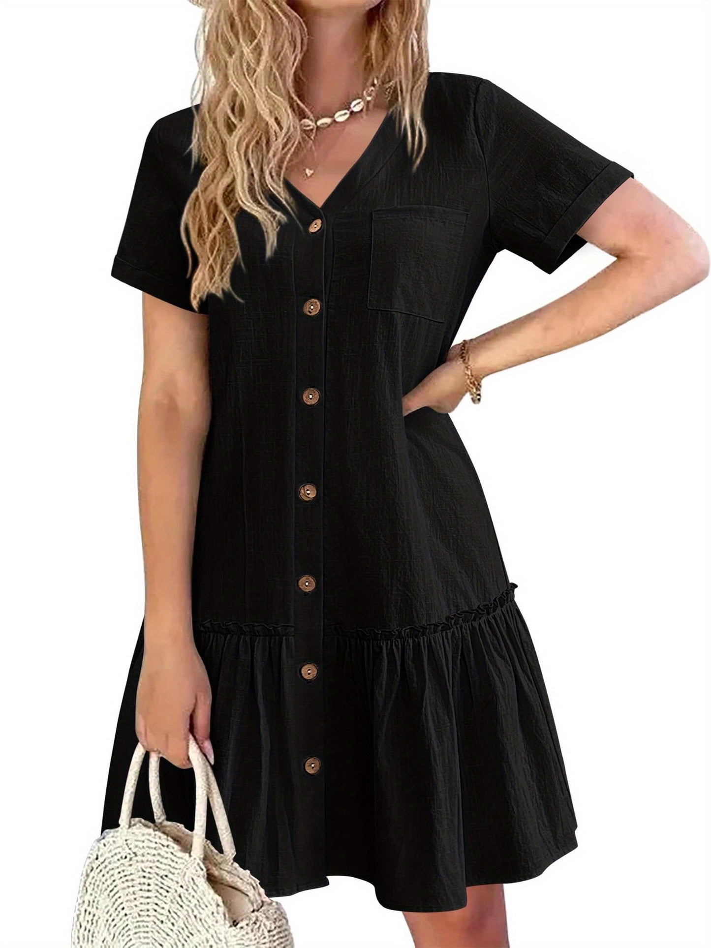 Women's Casual Short Sleeve Button- Dress with Ruffle Hem - Lightweight 300gsm V-Neck Tunic Shirt Dress, Machine Washable Summer Dress for Beach Outings & Casual Wear, Summer Casual Dress | Ruffle Hem Dress | Breathable Fabri
