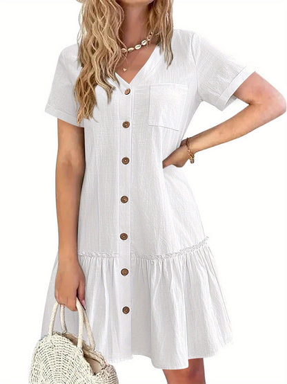Women's Casual Short Sleeve Button- Dress with Ruffle Hem - Lightweight 300gsm V-Neck Tunic Shirt Dress, Machine Washable Summer Dress for Beach Outings & Casual Wear, Summer Casual Dress | Ruffle Hem Dress | Breathable Fabri