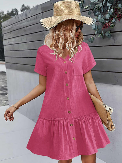 Women's Casual Short Sleeve Button- Dress with Ruffle Hem - Lightweight 300gsm V-Neck Tunic Shirt Dress, Machine Washable Summer Dress for Beach Outings & Casual Wear, Summer Casual Dress | Ruffle Hem Dress | Breathable Fabri