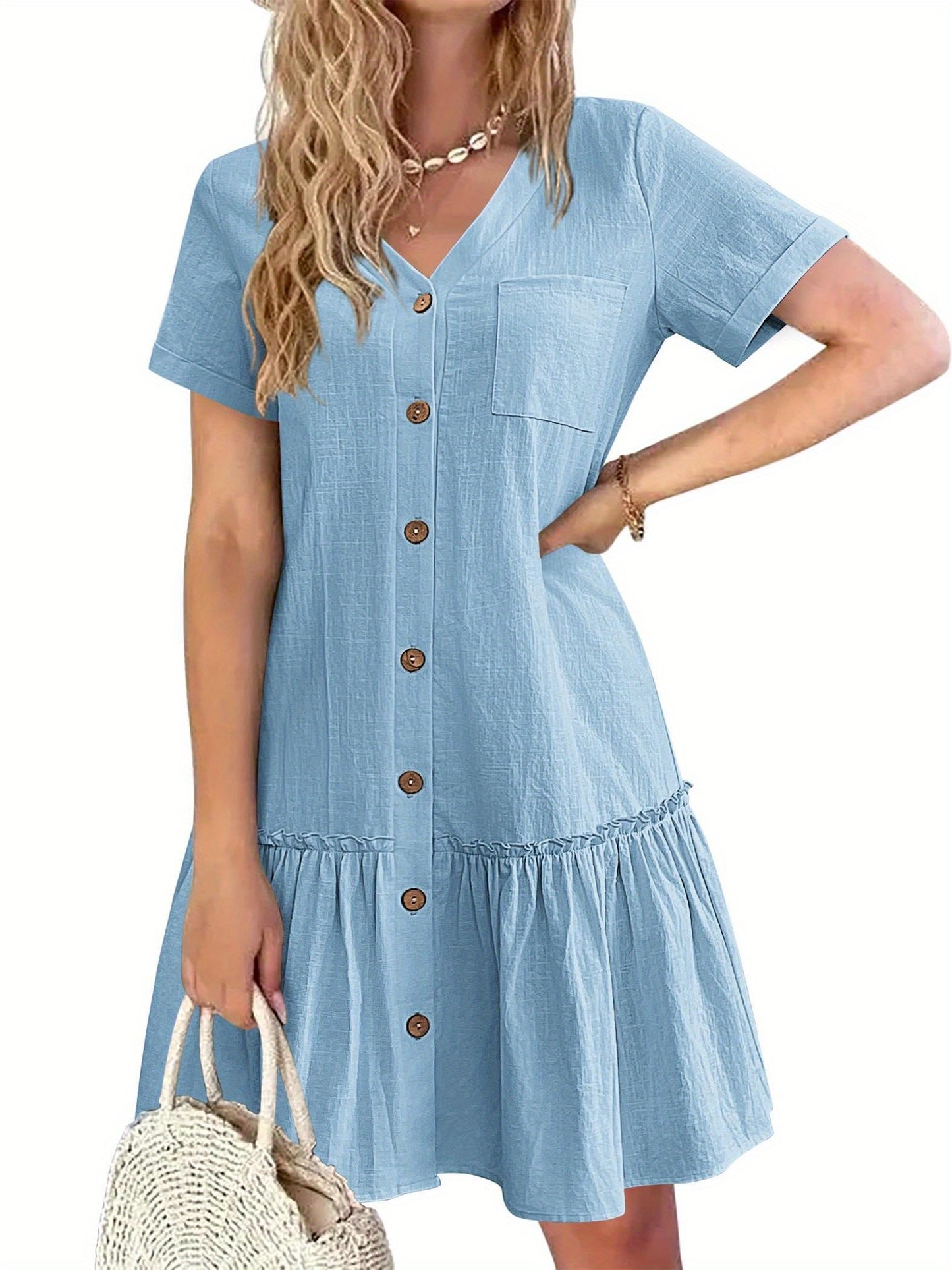 Women's Casual Short Sleeve Button- Dress with Ruffle Hem - Lightweight 300gsm V-Neck Tunic Shirt Dress, Machine Washable Summer Dress for Beach Outings & Casual Wear, Summer Casual Dress | Ruffle Hem Dress | Breathable Fabri