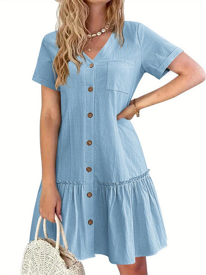 Women's Casual Short Sleeve Button- Dress with Ruffle Hem - Lightweight 300gsm V-Neck Tunic Shirt Dress, Machine Washable Summer Dress for Beach Outings & Casual Wear, Summer Casual Dress | Ruffle Hem Dress | Breathable Fabri