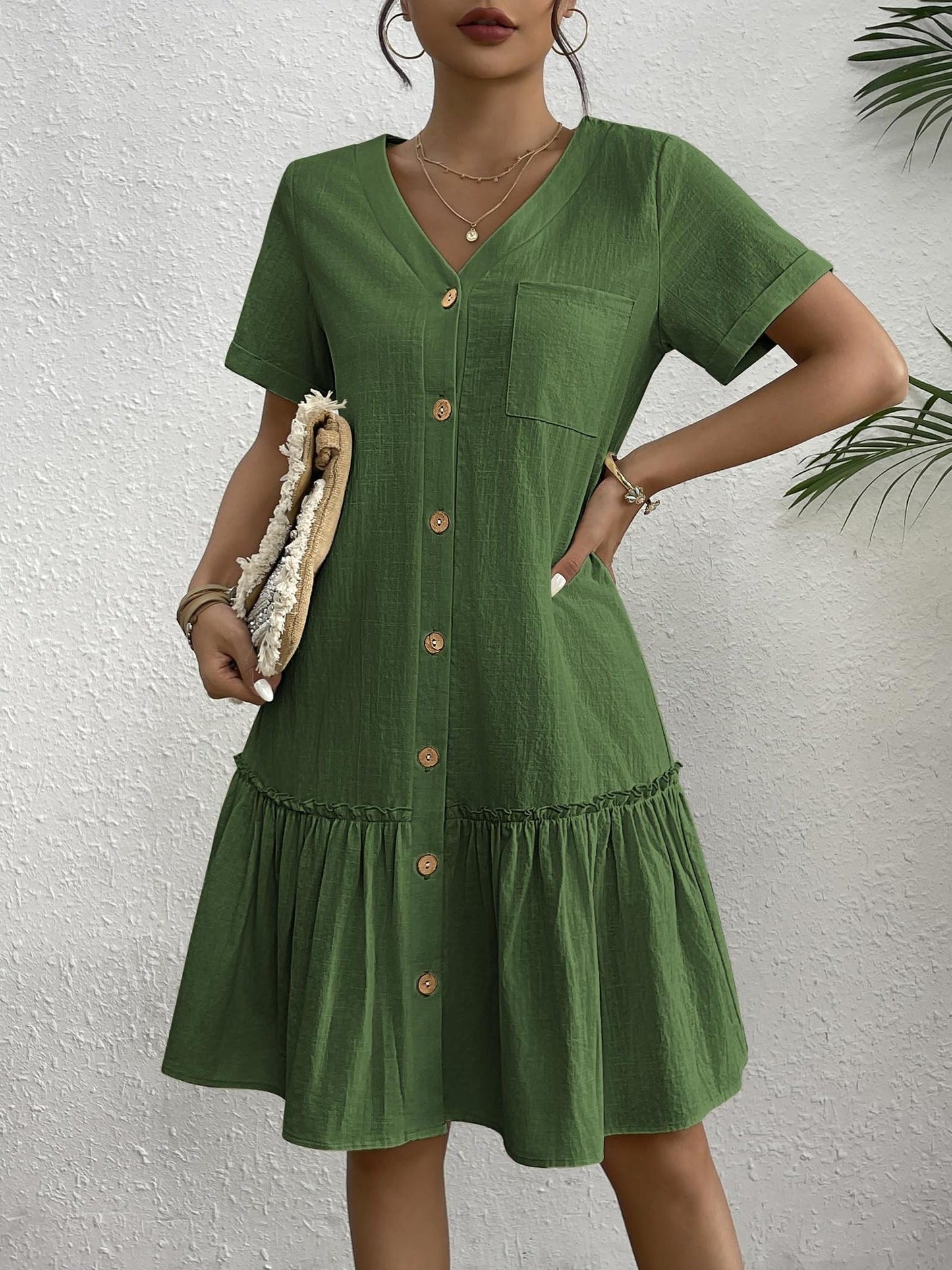 Women's Casual Short Sleeve Button- Dress with Ruffle Hem - Lightweight 300gsm V-Neck Tunic Shirt Dress, Machine Washable Summer Dress for Beach Outings & Casual Wear, Summer Casual Dress | Ruffle Hem Dress | Breathable Fabri