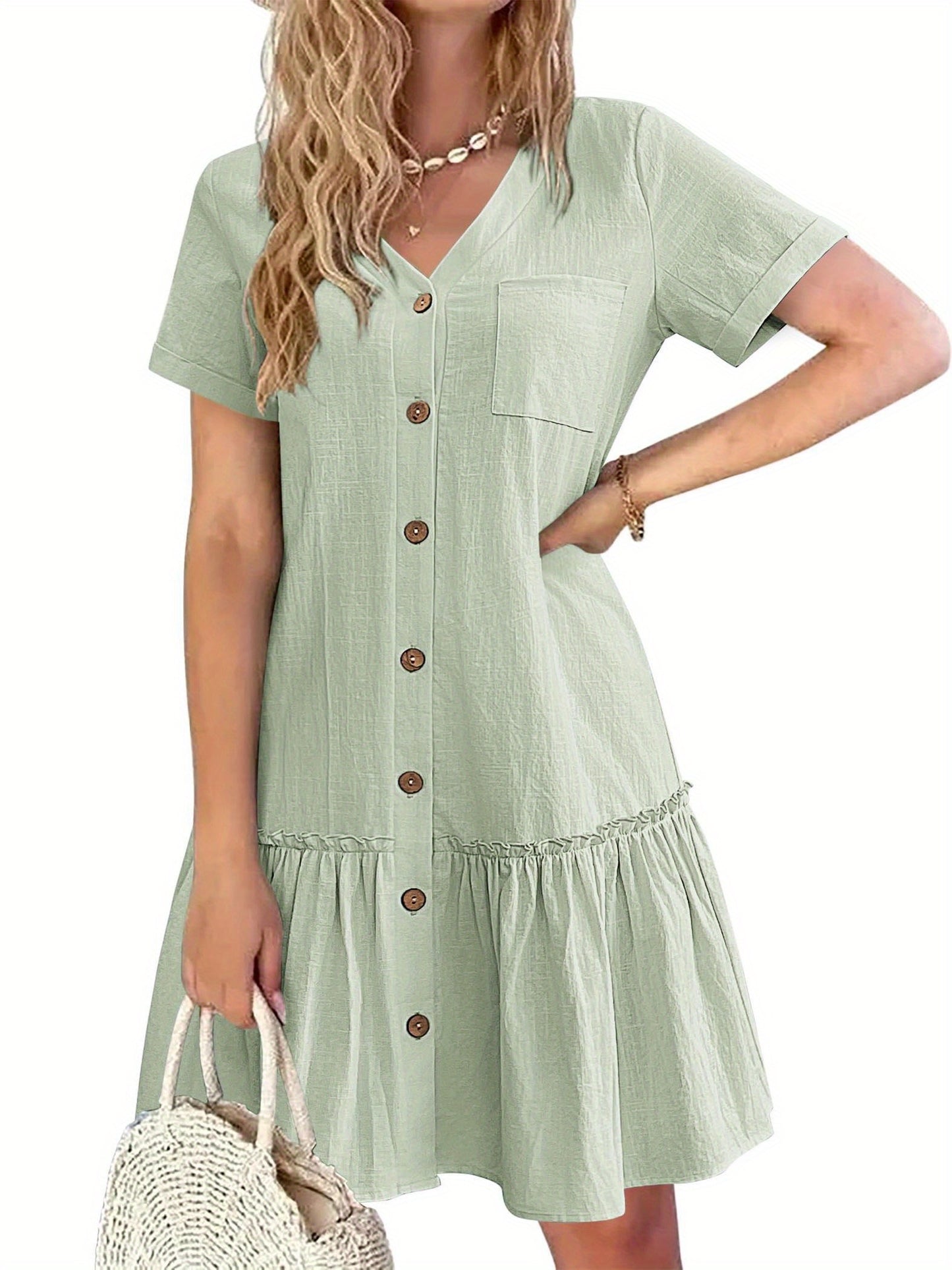 Women's Casual Short Sleeve Button- Dress with Ruffle Hem - Lightweight 300gsm V-Neck Tunic Shirt Dress, Machine Washable Summer Dress for Beach Outings & Casual Wear, Summer Casual Dress | Ruffle Hem Dress | Breathable Fabri