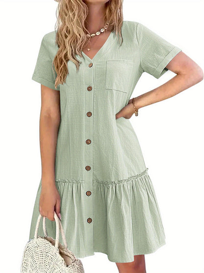 Women's Casual Short Sleeve Button- Dress with Ruffle Hem - Lightweight 300gsm V-Neck Tunic Shirt Dress, Machine Washable Summer Dress for Beach Outings & Casual Wear, Summer Casual Dress | Ruffle Hem Dress | Breathable Fabri