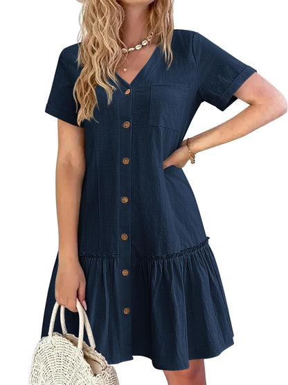 Women's Casual Short Sleeve Button- Dress with Ruffle Hem - Lightweight 300gsm V-Neck Tunic Shirt Dress, Machine Washable Summer Dress for Beach Outings & Casual Wear, Summer Casual Dress | Ruffle Hem Dress | Breathable Fabri